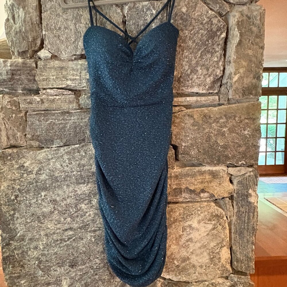 WINDSOR: MY SPARKLE GLITTER LACEUP MINIDRESS - TEAL; SIZE L; NWT
